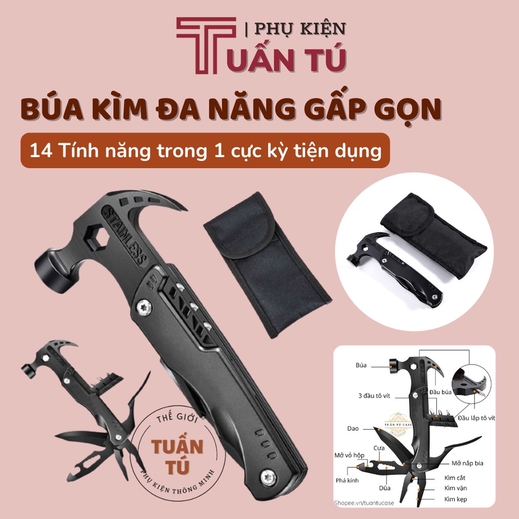 Búa kìm đa năng gấp gọn sinh tồn mini 14 tính năng trong 1 bằng thép không gỉ Tuấn Tú Case BK01