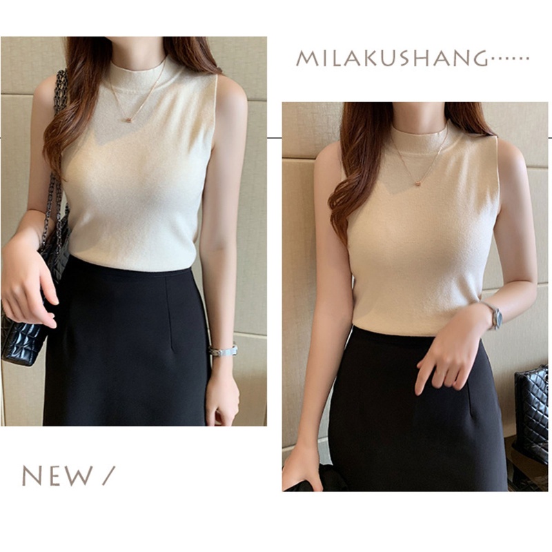 Brroa Áo Tank Top Dệt Kim Cổ Lọ Không Tay Màu Trơn Ôm Dáng Cho Nữ