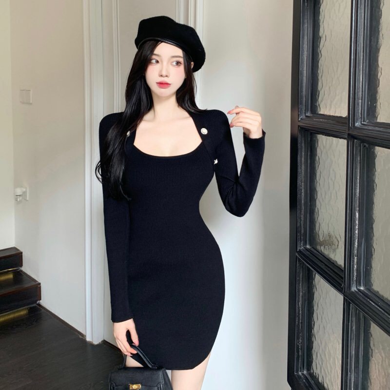 Váy đầm body dài tay cổ vuông ⚡𝙁𝙍𝙀𝙀𝙎𝙃𝙄𝙋⚡ Váy dáng ôm sexy, sang chảnh, tôn dáng, chất liệu cotton co dãn 4 chiều | BigBuy360 - bigbuy360.vn