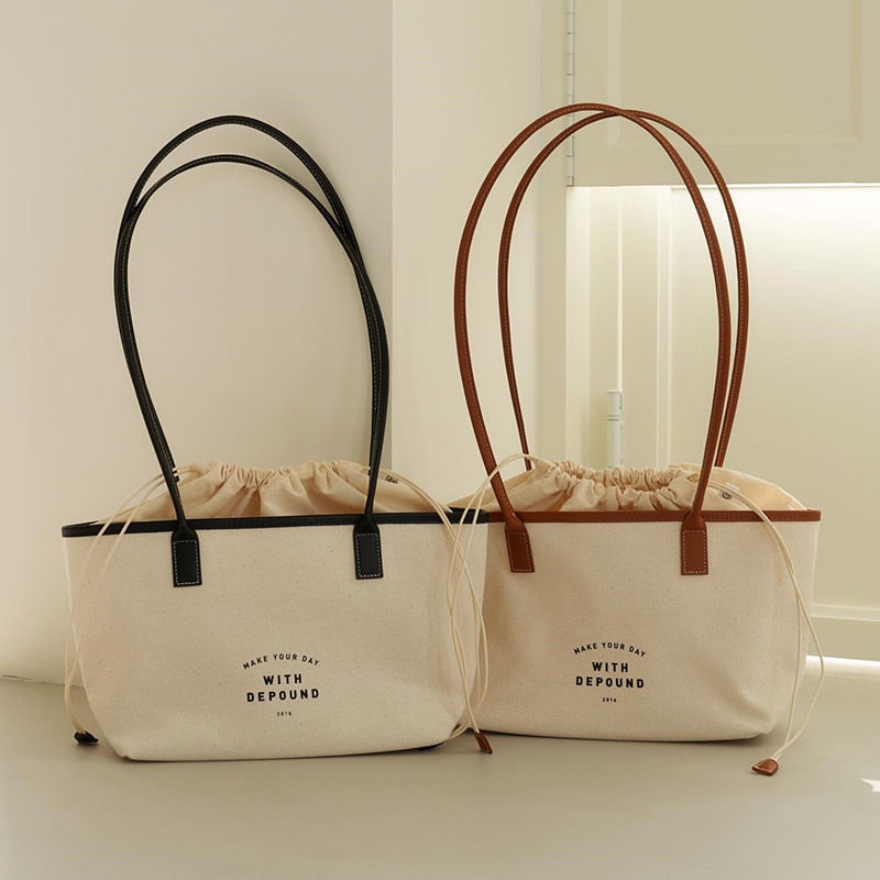 Túi Đeo Vai Bằng Vải Cotton Canvas Thiết Kế Dây Rút Phong Cách Retro Hàn Quốc Đơn Giản