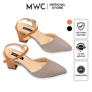 Giày MWC 4130 - Giày Cao Gót 5p Mũi Nhọn Đế Vuông Vải Caro Thời Trang Vintage