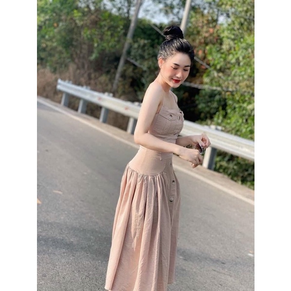 Đầm maxi dây chiết eo dáng xoè