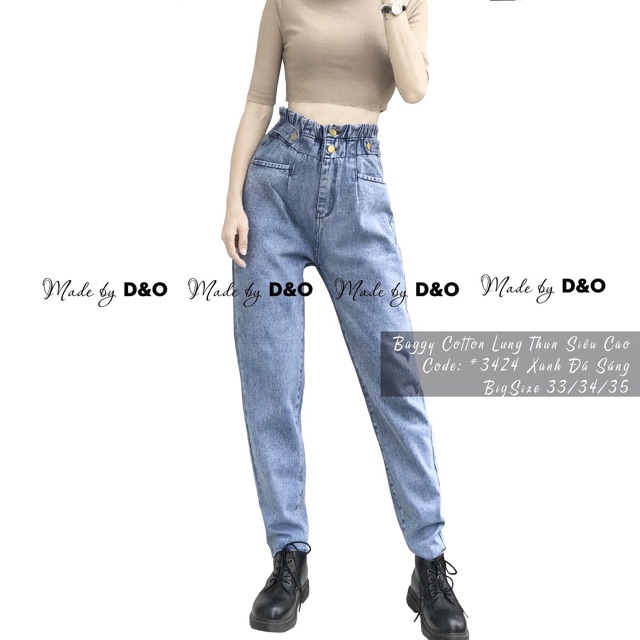 Quần Bò Lưng Thun Siêu Cao/Quần Baggy Jean Nam/Nữ - FORM TO DÀI Xanh Nhạt