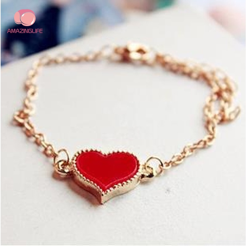 Vòng Tay / Vòng Tay Hợp Kim Mặt Hình Trái Tim Màu Đỏ Dầu Đào Phong Cách Bohemian Dễ Thương Ngọt Ngào Cho Nữ