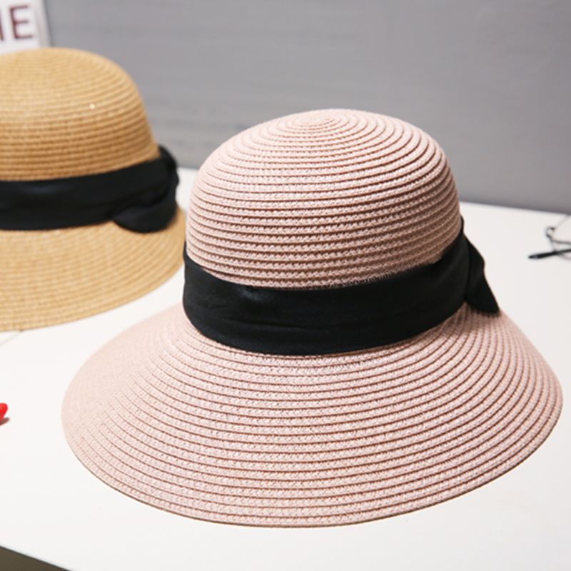 Nón Cối Rộng Vành Phối Nơ Màu Đen Chống Tia UV Thời Trang Đi Biển Mùa Hè Cho Nữ