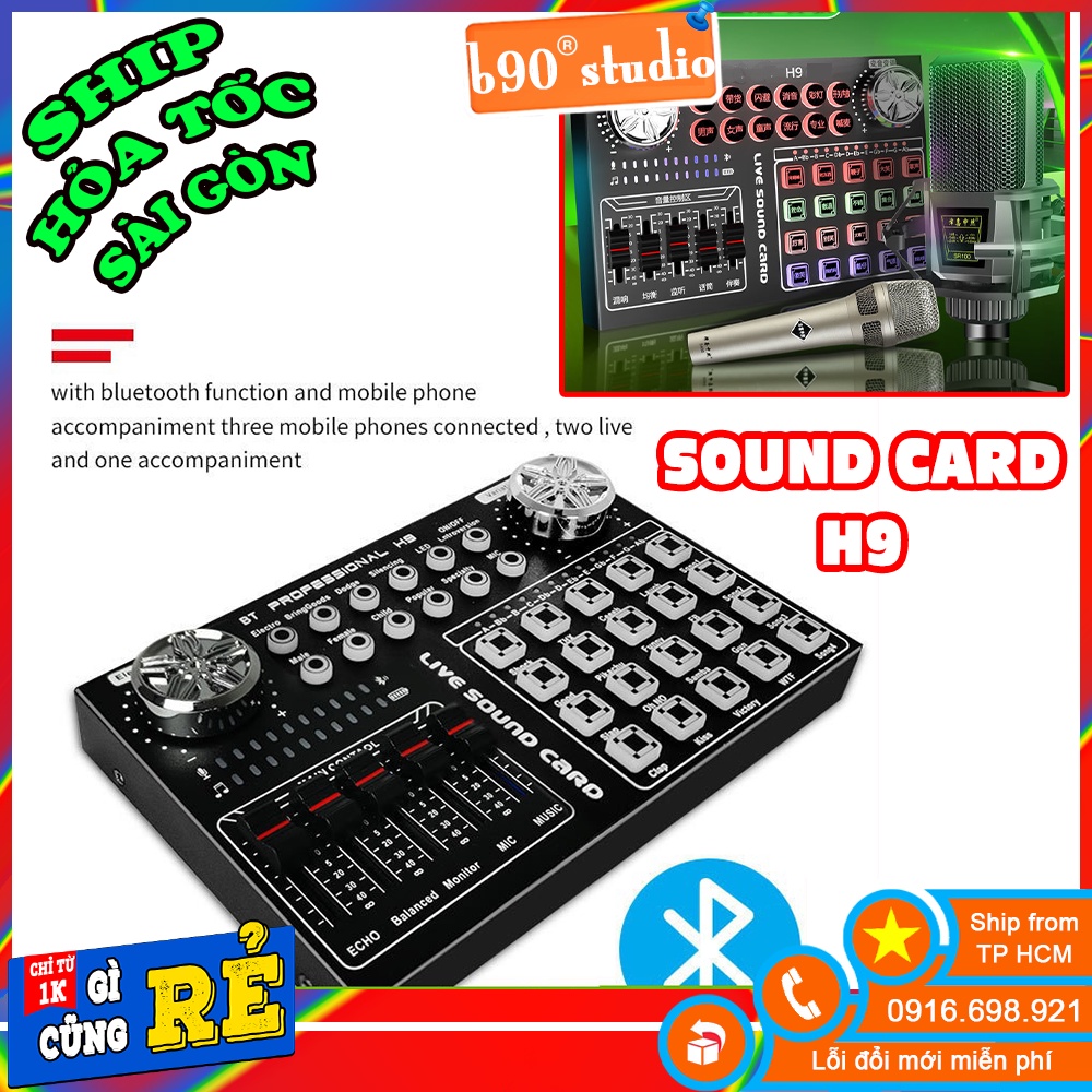 Sound card H9 Bluetooth hát karaoke live stream, thu âm bản tiếng anh