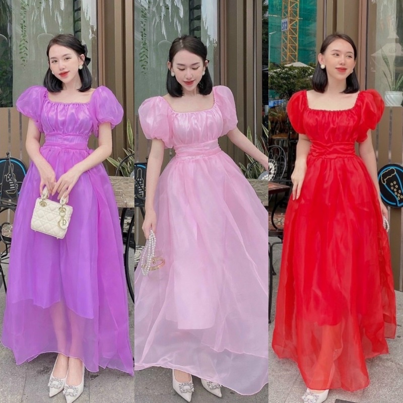 Maxi tay ngắn bồng/phồng tím hồng đỏ, đầm váy dài tiểu thư công chúa sang trọng dễ thương, thời trang dự tiệc chụp hình