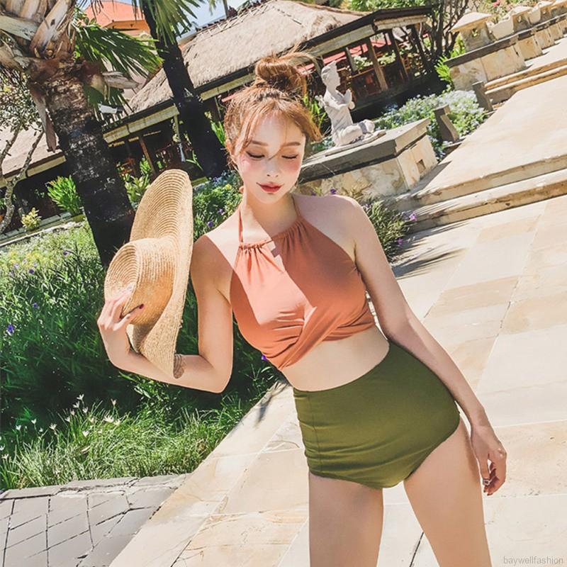 [Baywellfashion]Women Sexy Sweet Solid Color Simple High Waist Halter Cross Strap Bandage Split Bikini Set Swimsuit | BigBuy360 - bigbuy360.vn