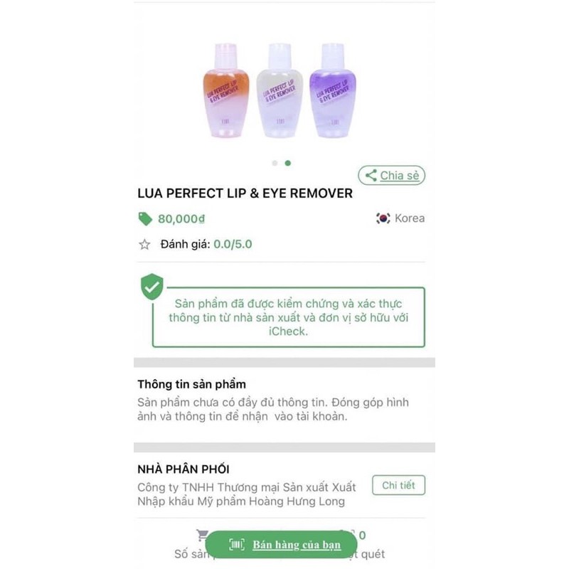 (50ml)Nước tẩy trang Mắt Môi Perfect Lip &amp; Eye Remover