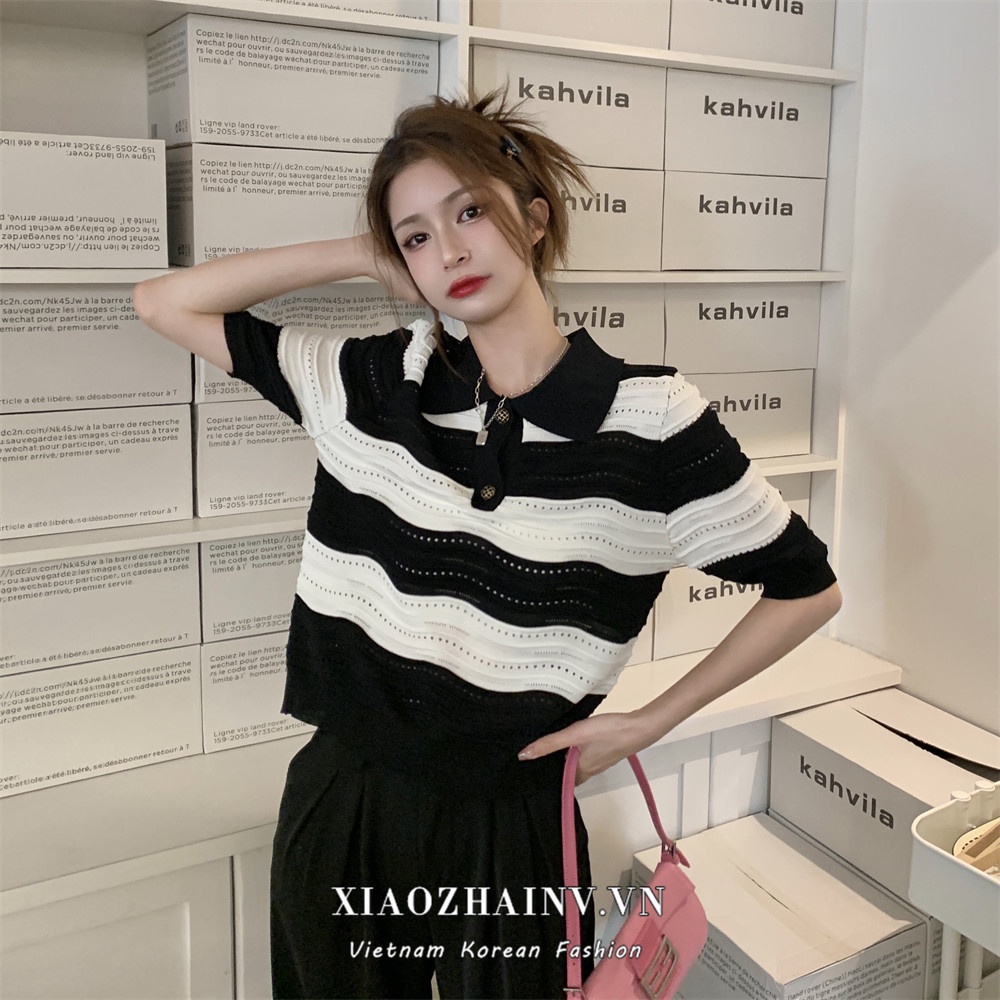 Xiaozhainv Áo polo Dệt Kim Kẻ Sọc Kiểu Hàn Quốc Xinh Xắn Cho Nữ
