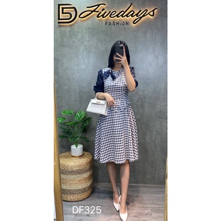 Fivedays - Đầm kẻ nơ vai phối tay