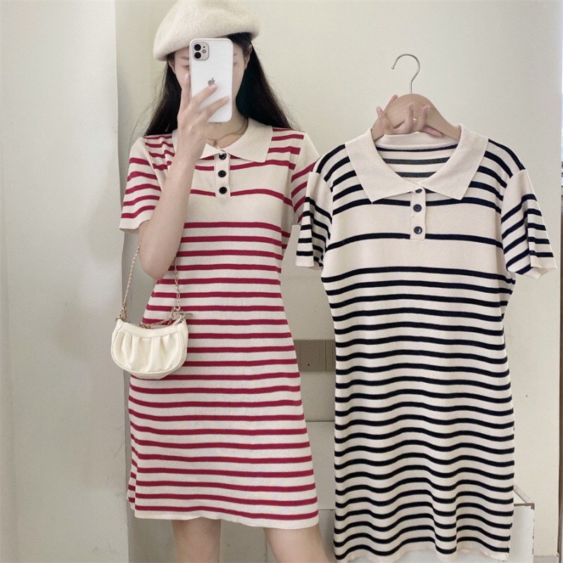 [HTSHOP]-Đầm váy len suông cộc tay polo dệt kim sọc ngang phong cách HQ
