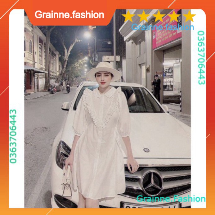 Váy Tay Lỡ Suông Cổ V Phối Viền Bèo Dáng Sơ Mi Trắng Style Retro sang trọng - Đầm Somi Trắng 💎👗👑-GNFShop