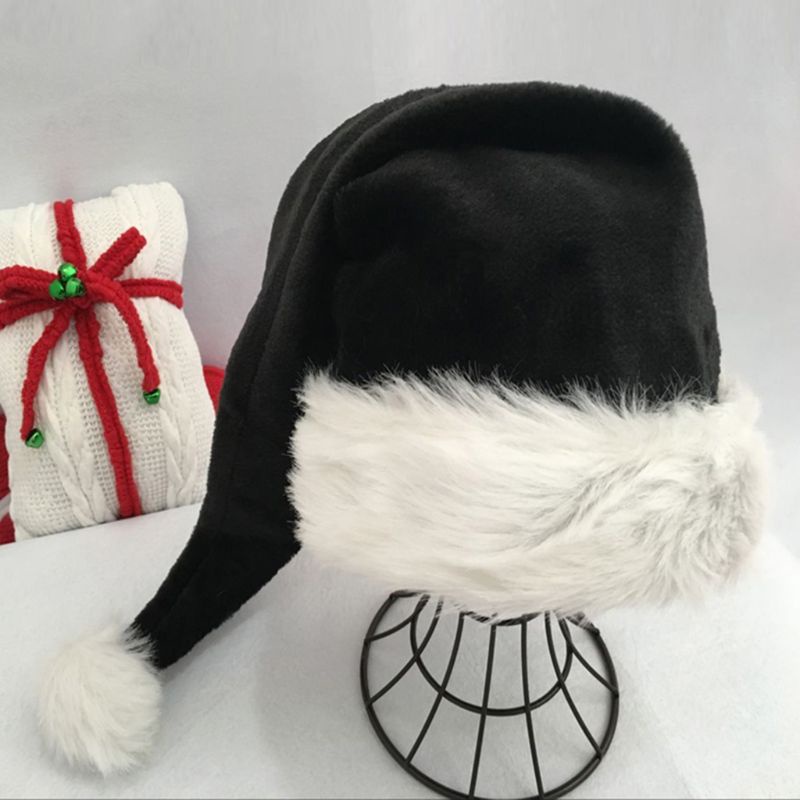 Mũ ông già noel dài 75cm màu đen phối cục bông dễ thương dùng làm quà tặng giáng sinh cho người lớn và trẻ em