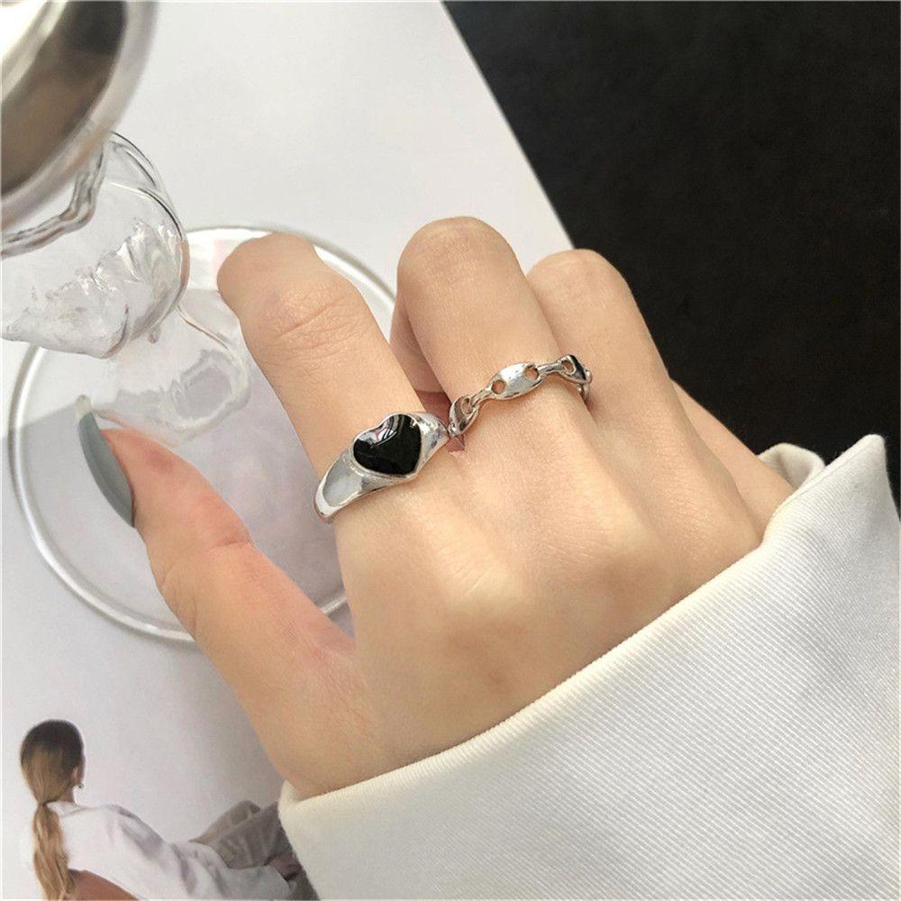 SUMU Nhẫn Bạc Hình Trái Tim Màu Đen