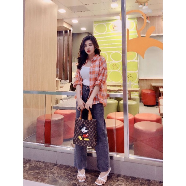 Áo Sơmi Caro Nữ, Áo Sơ Mi Tay Dài Kẻ Sọc Caro Form Rộng Ba Màu