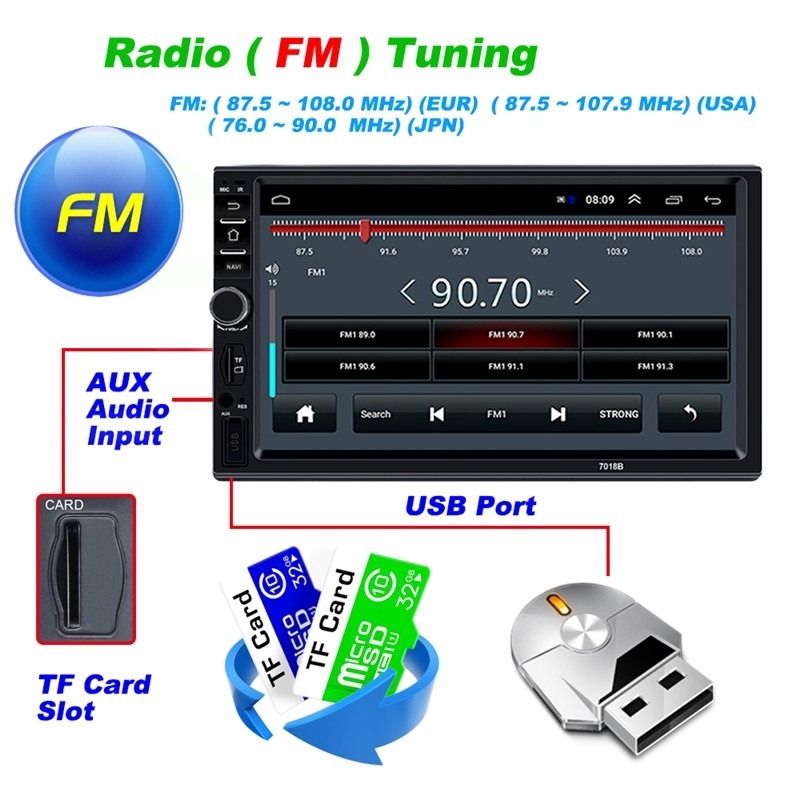 Máy phát MP5 7018B hỗ trợ FM/ WiFi/USB/TF/AUX 2+16G màn hình cảm ứng HD 7'' 2Din Android 9.1 cho xe ô tô