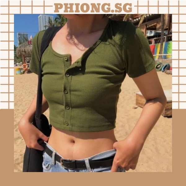 Áo croptop nữ nút may tay ngắn đen Phiong sg