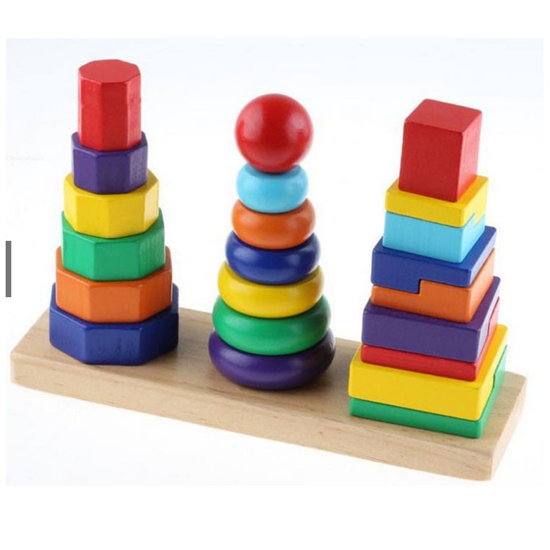 Đồ chơi tháp xếp chồng gỗ 3 cọc Montessori (size bé) cho đồ chơi mầm non