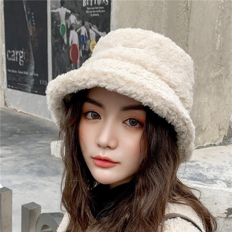 Mũ Bucket Lông Cừu Màu Trơn Phong Cách Hàn Quốc Thời Trang Thu Đông Cho Nữ
