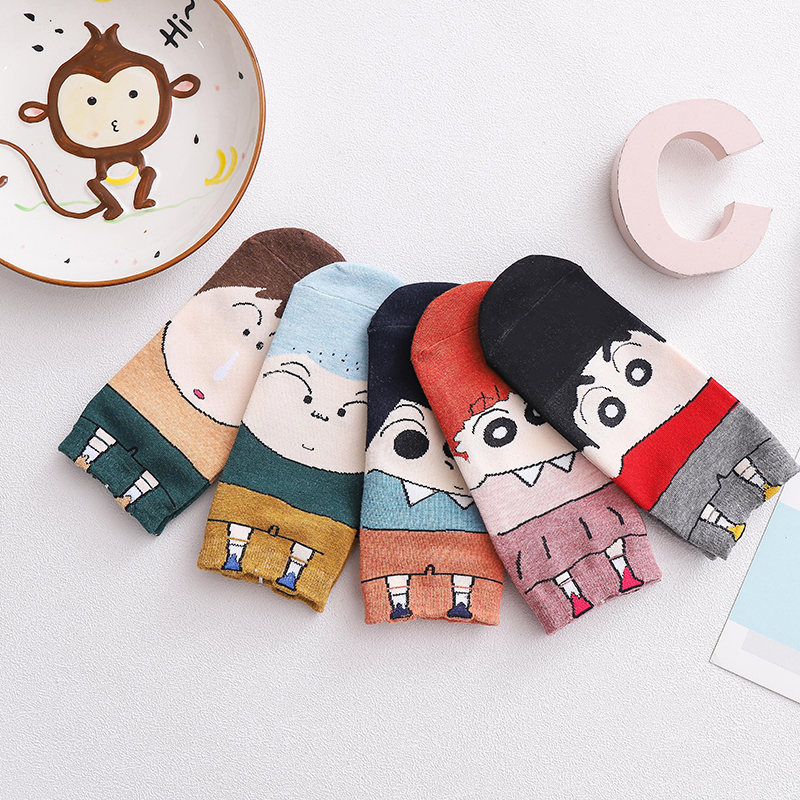 Set 5 đôi vớ cotton cổ thấp họa tiết hoạt hình Shin-chan dễ thương phong cách Nhật Bản cho nữ