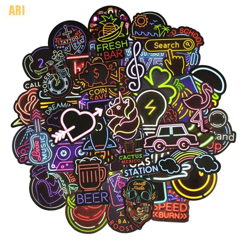 Bộ 50 Miếng Dán Màu neon Dễ Thương Dùng Trang Trí Vali / laptop / guitar
