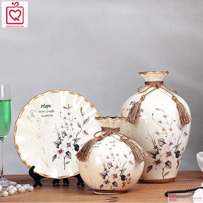 Bộ lục bình tranh đĩa gốm sứ hoa anh đào 25cm (trắng/vàng/xanh)