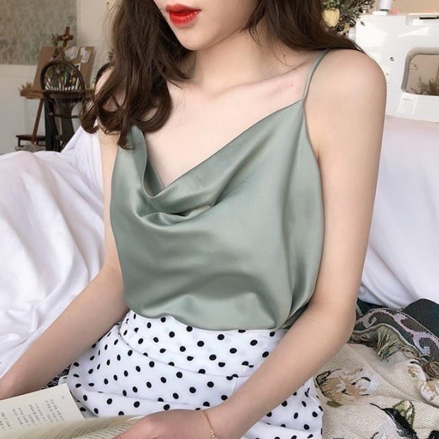 Áo 2 Dây cổ đổ Lụa hàn Dáng basic vintage