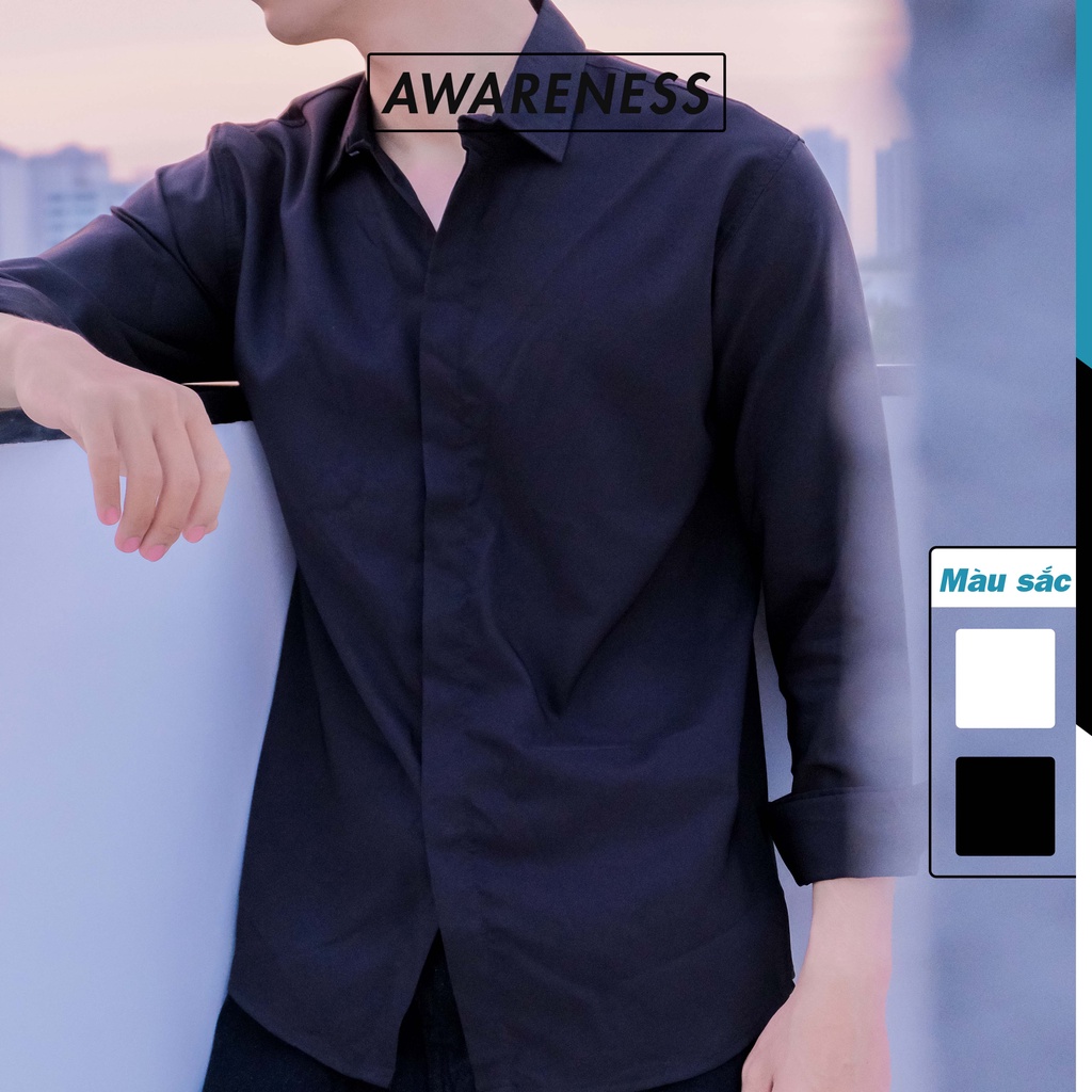 Áo sơ mi tay dài Trơn Cổ Bẻ Unisex Nam Nữ - Kiểu dáng Hàn Quốc Form rộng - Vải Cotton Lụa Mềm Mịn - awareness