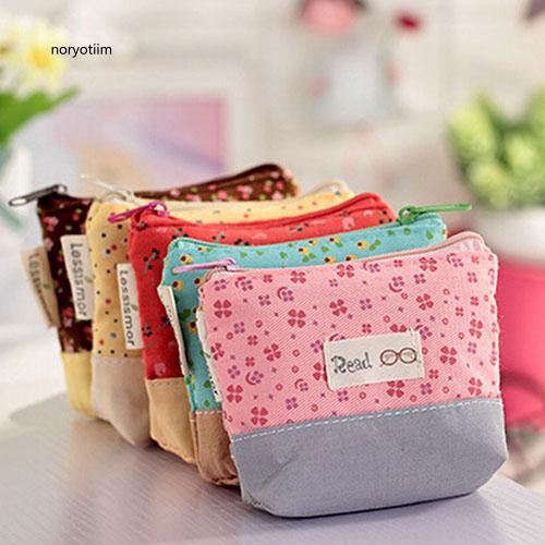 Túi vải canvas mini đựng tiền xu họa tiết hoa dễ thương cho nữ