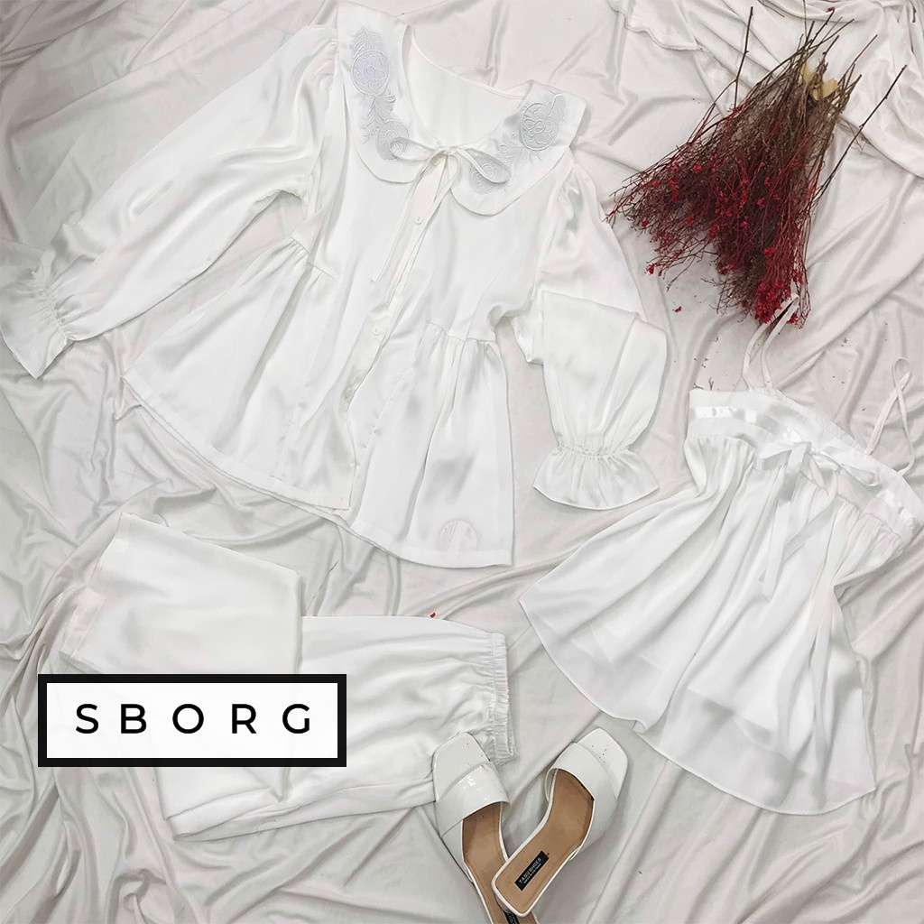Set đồ ngủ SBORG bộ ngủ lụa latin áo khoác dài tay họa tiết phối áo 2 dây dễ thương và quần dài có túi freesize 65kg
