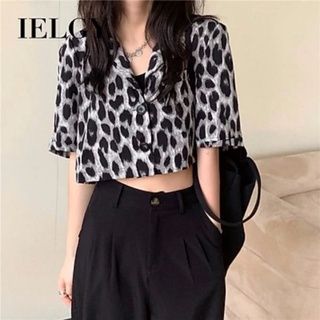 Áo sơ mi cổ vest croptop beo xám vải Kate lụa ĐẸP💥