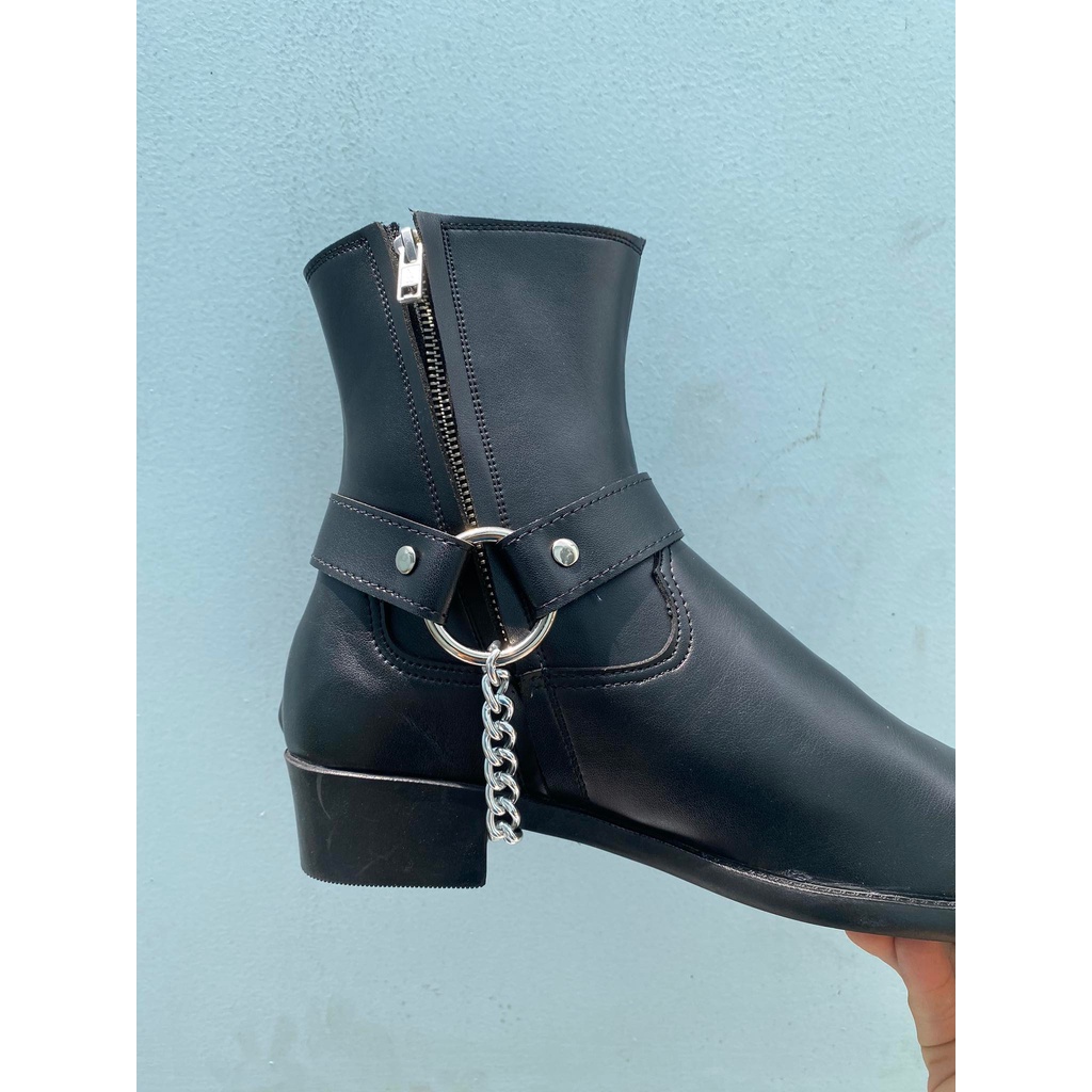 Phụ kiện đai xích mang kèm Zip Boots, bản xích to, chất liệu da trơn màu đen có thể thao lắp linh hoạt