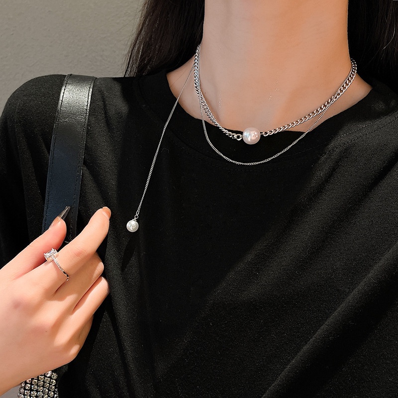 [KHÔNG ĐEN GỈ] Dây chuyền titan, vòng cổ unisex mắt xích sợi đôi phối ngọc trai nhân tạo Mely CT10