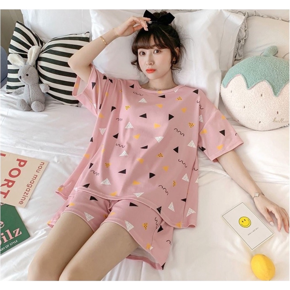 Đồ Bộ Nữ Dễ Thương Tay Ngắn In Mặt Cười Kèm Quần Dài-Xinh Xắn Cho Nữ