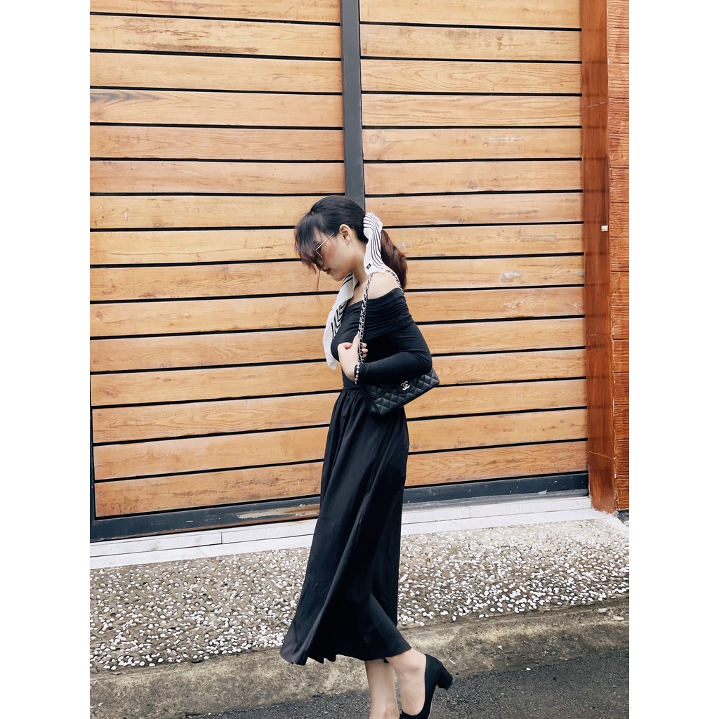 (HÀNG SẴN - HÌNH THẬT) Váy maxi tay dài màu đen cá tính - Đầm hottrend thân trên thun co giãn hack dáng