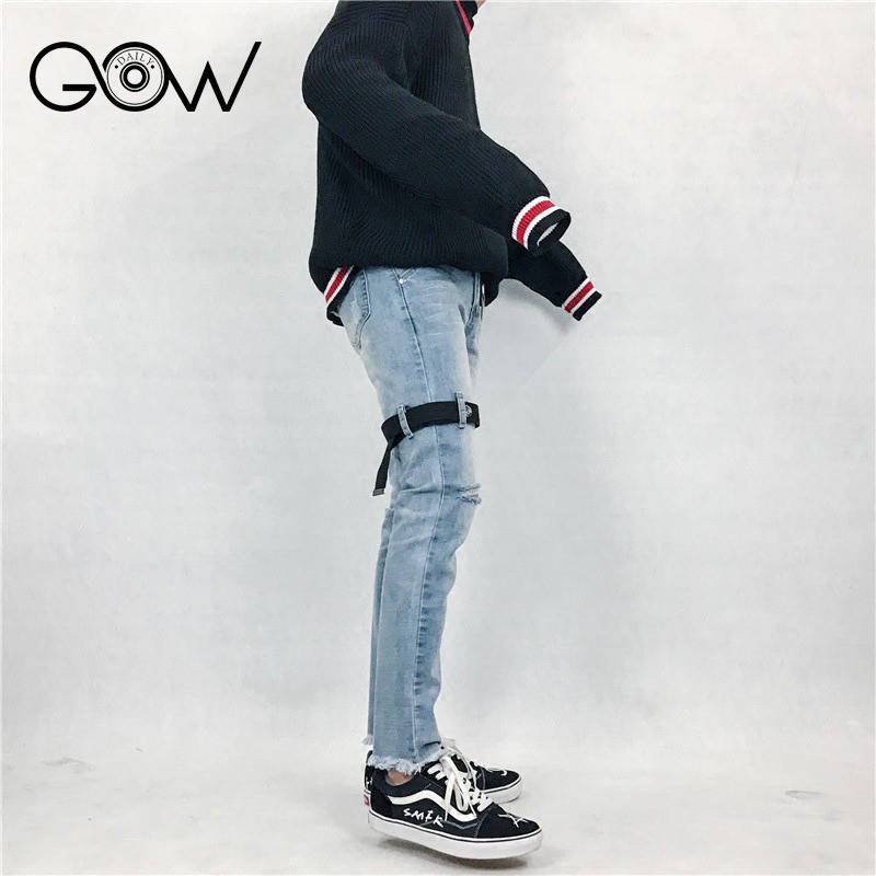 Quần jean nam Gowdaily phong cách streetwear rách gối có đai đùi dáng Slimfit, Xanh D091 | BigBuy360 - bigbuy360.vn