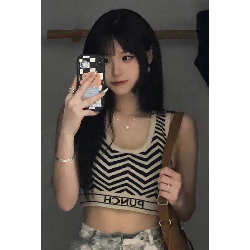 Cocory vn Áo Hai Dây Dệt Kim Cổ Chữ U Kẻ Sọc Quyến Rũ Thời Trang Mùa Hè Cho Nữ