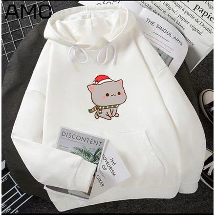 ÁO HOODIE ĐỘI NÓN CÓ TÚI IN HÌNH CHÚ MÈO NOEL CỰC HOT
