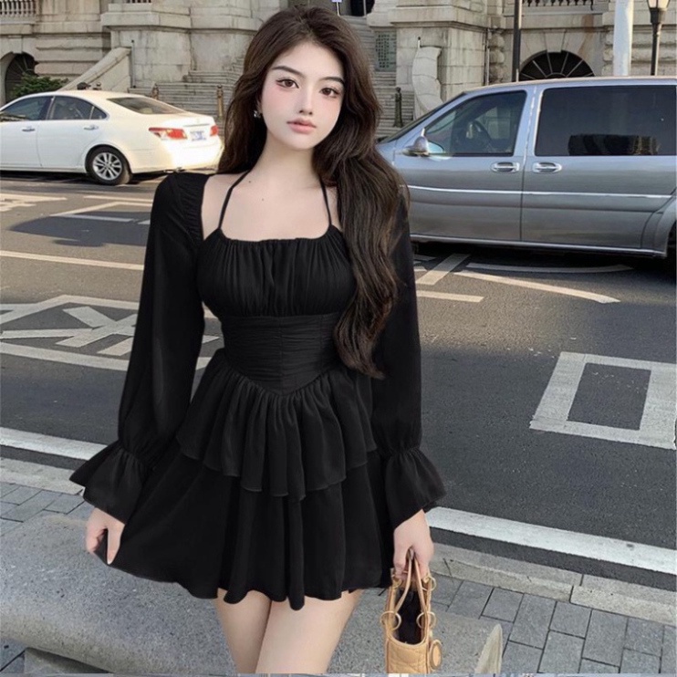 Đầm xòe cổ yếm voan nhún quảng châu, Váy xòe xếp ly hở lưng tiểu thư tay dài kiểu hàn màu đen,be, hồng | BigBuy360 - bigbuy360.vn