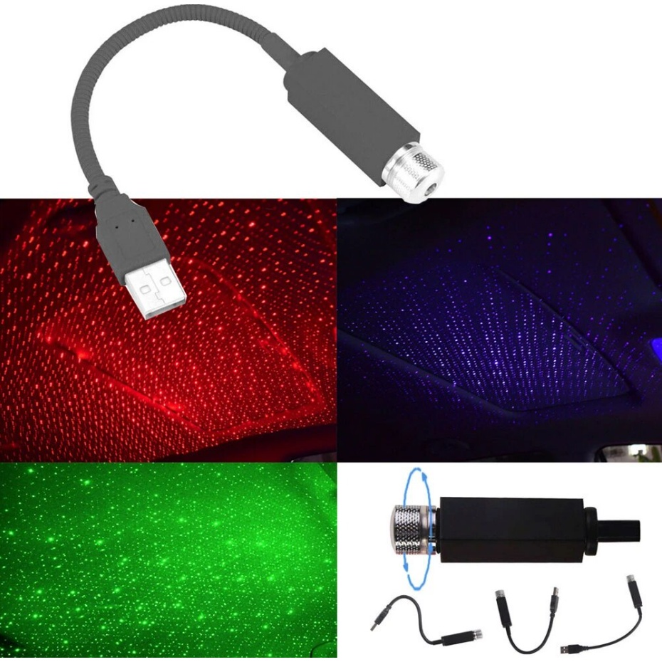 Đèn trang trí xe hơi bầu trời sao tia laser nguồn usb màu xanh dương và đỏ