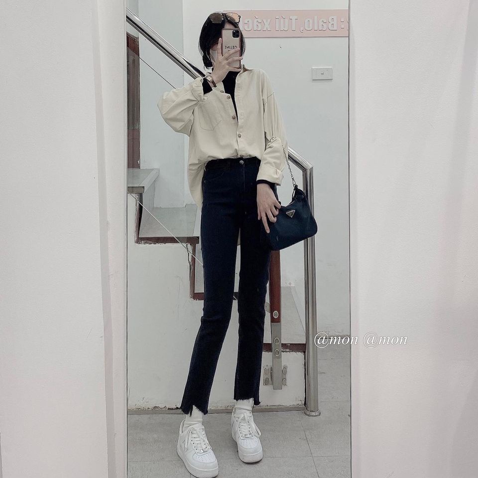 2101447 Quần jeans ulzzang dáng ống vừa form đứng màu xám đen trơn có size