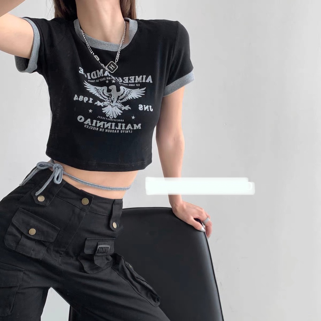Áo thun croptop Đại Bàng cuốn dây eo