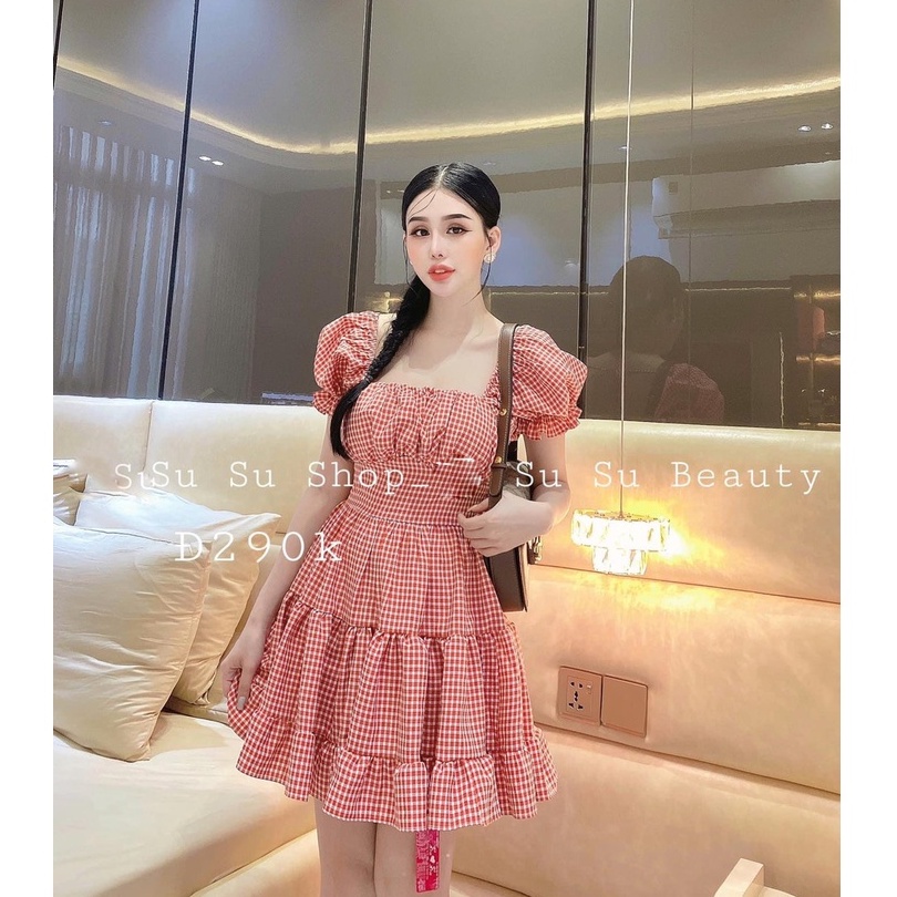 Đầm váy nữ xòe tay phồng cổ vuông xếp tầng sọc caro chất liệu kate thời trang nữ năng động trẻ trung