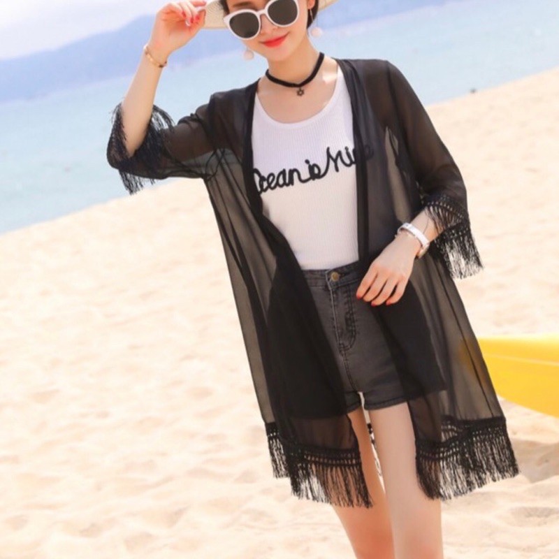 Áo khoác kimon đi biển dáng dài áo choàng bikini tay phồng | BigBuy360 - bigbuy360.vn