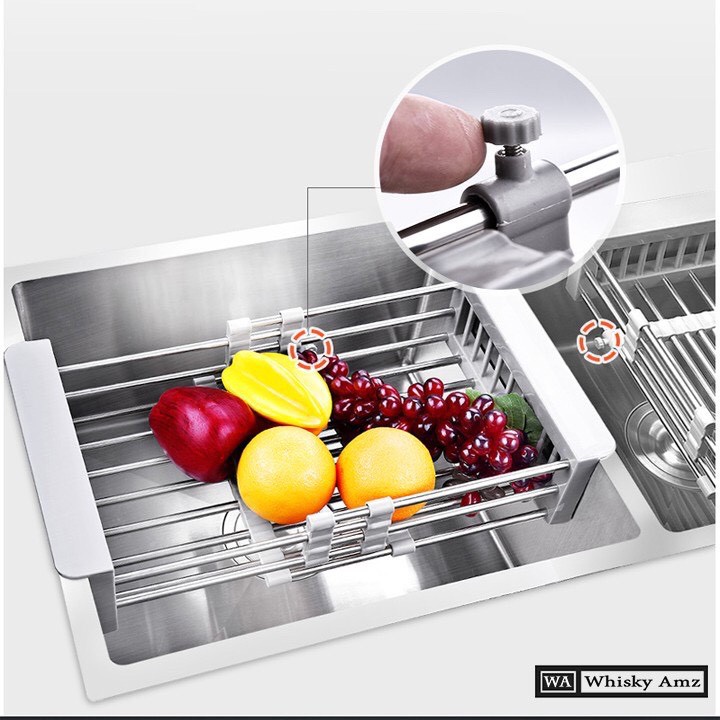 Rổ kéo rút gọn inox bồn rửa bát, rổ INOX 304 đa năng (loại dày)