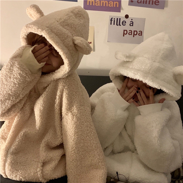 Áo khoác giả lông cừu tay dài khóa kéo có mũ tai gấu dễ thương phong cách harajuku cho nữ | BigBuy360 - bigbuy360.vn