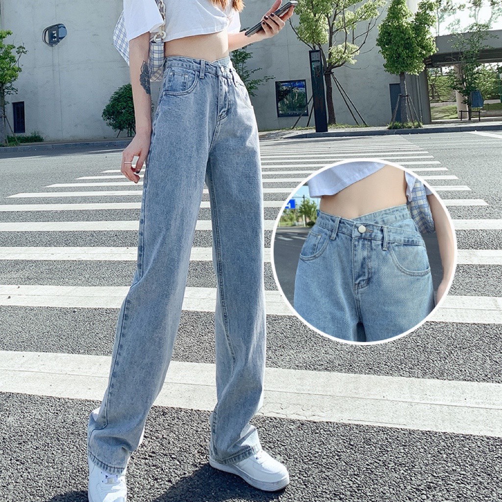 Quần Cạp Chéo - Quần Jeans Ống Rộng Xanh - Quần Ống Rộng Nữ Dáng Suông 1 Cúc Cạp Chéo Ulzzang