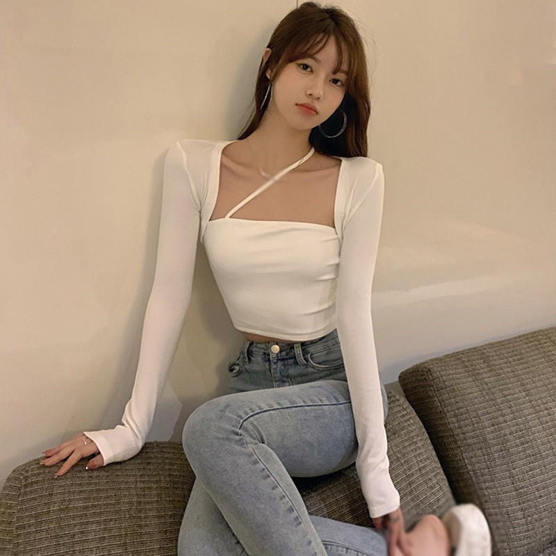 Áo Croptop Cổ Vuông Màu Trơn Thanh Lịch Cho Nữ