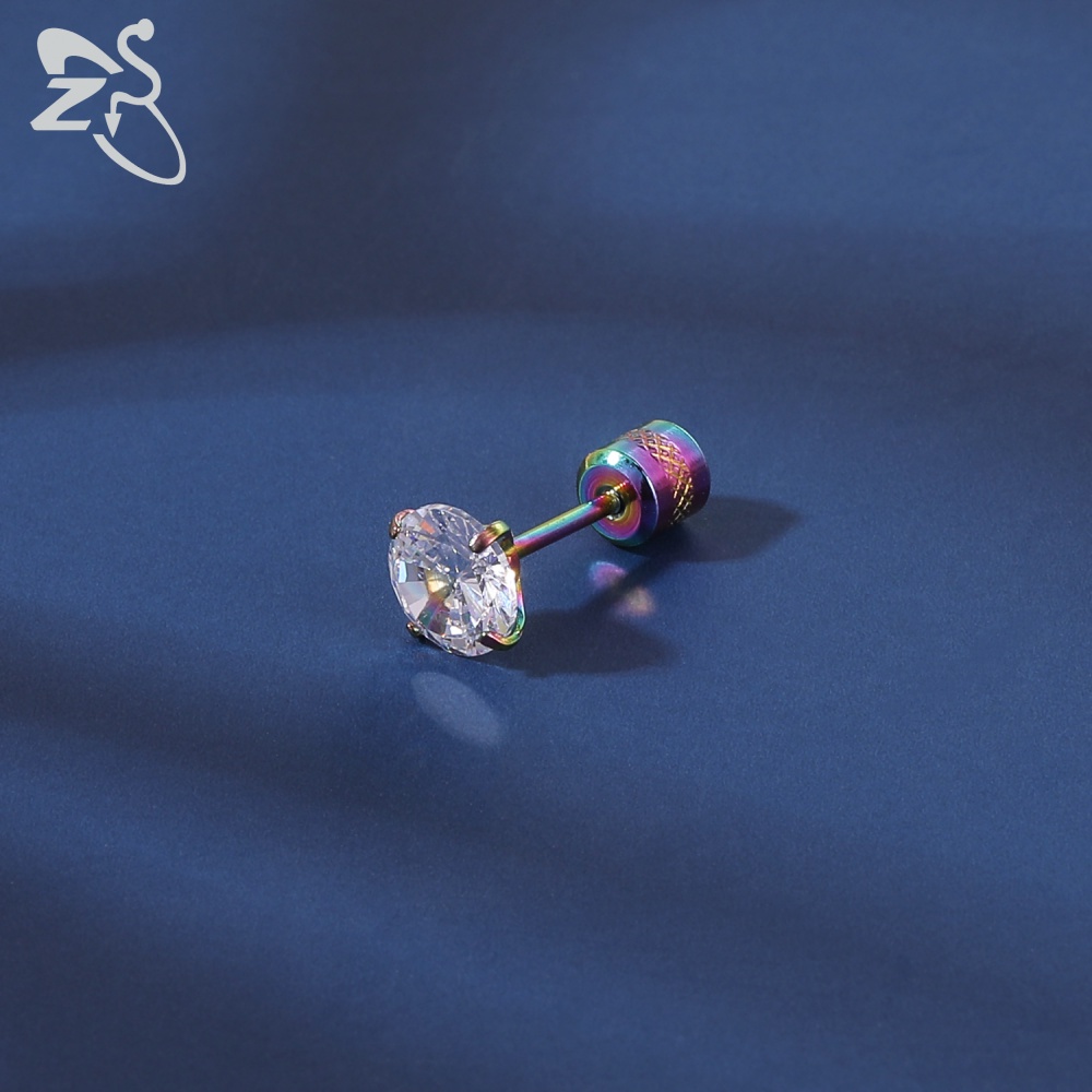 Khuyên tai đính đá CZ tròn 5 màu bằng thép không gỉ 2-8mm